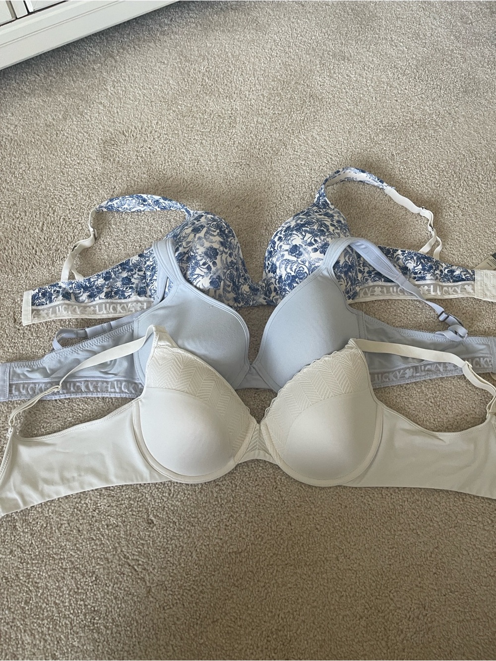 Lucky Brand 3-Pack Bras in Blue Floral, Light Blue, and Cream